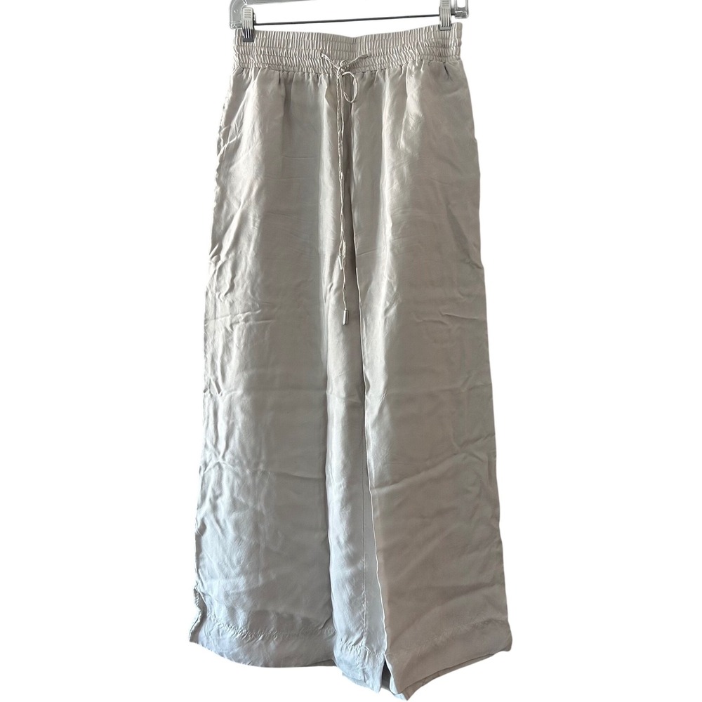 Satin Oat Wide Leg Pants M Gray Silk Blend Smocked Drawstring Relaxed Loungewear